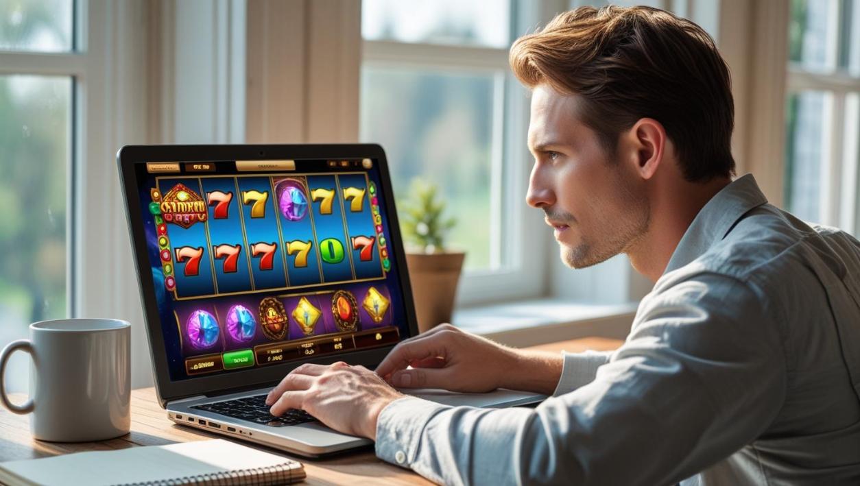 Young adult studying slot game mechanics on laptop in bright, casual home setting.
