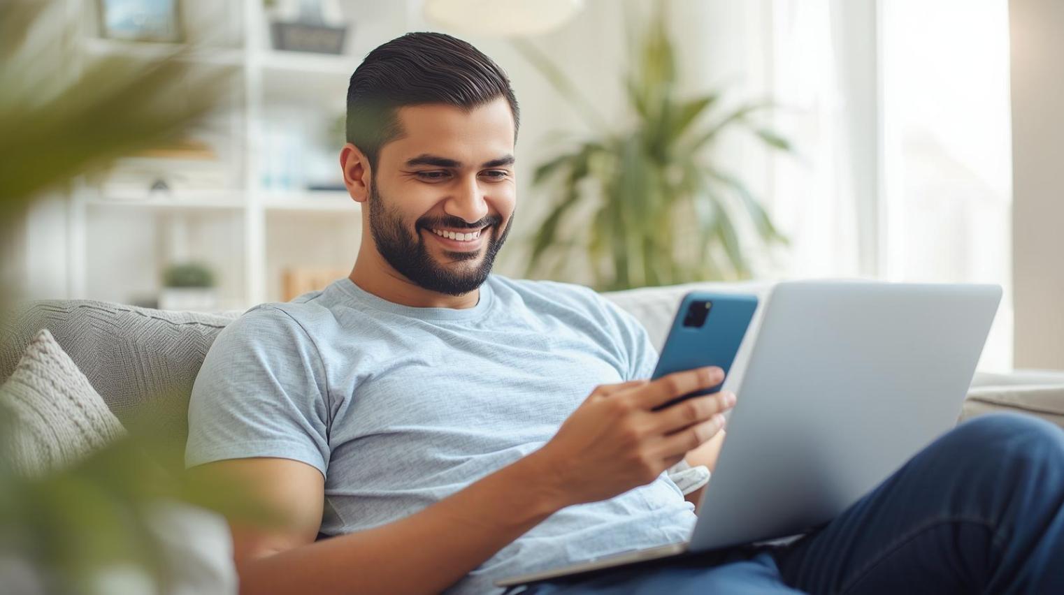Smiling person using laptop at home with blurred screen and bright relaxed atmosphere.