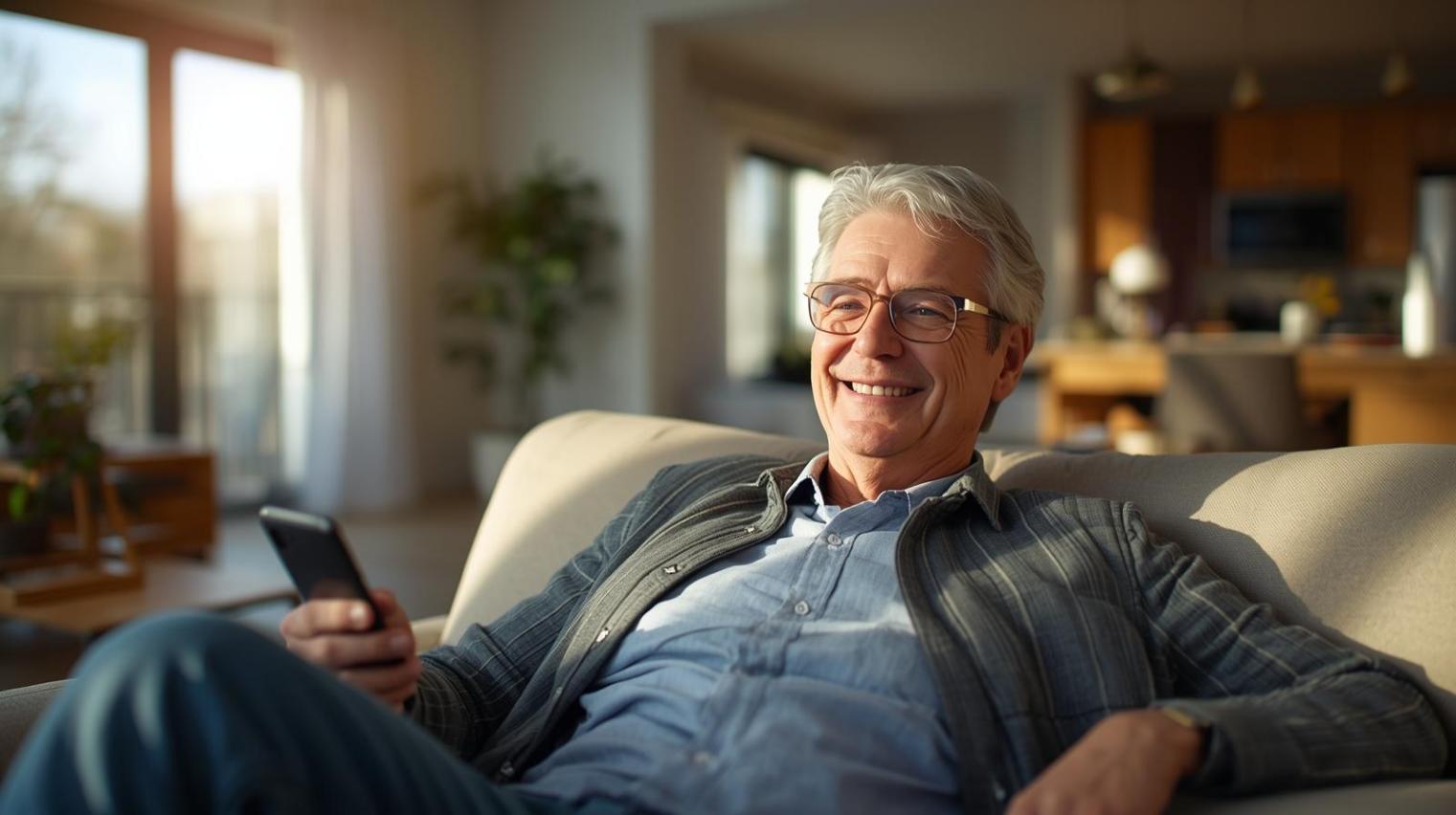Smiling person enjoying a relaxed moment at home filled with anticipation and optimism.