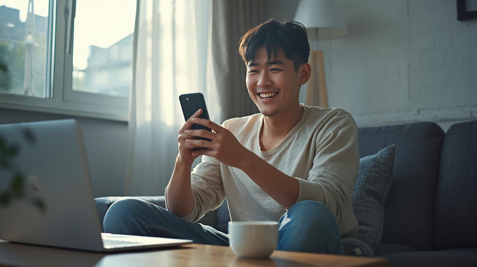 Smiling Korean man enjoying live sports betting on smartphone indoors.